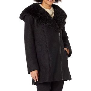 🔥👀🔥 Kenneth Cole Mixed Media Asymmetrical Zip Textured Wool Coat, Black, XS & L